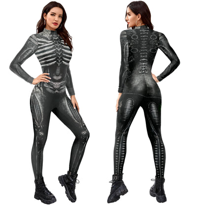 Men Women 3D Machine Skeleton Zentai Bodysuit Punk Jumpsuit Halloween Party Carnival Cosplay Costume Performance Romper