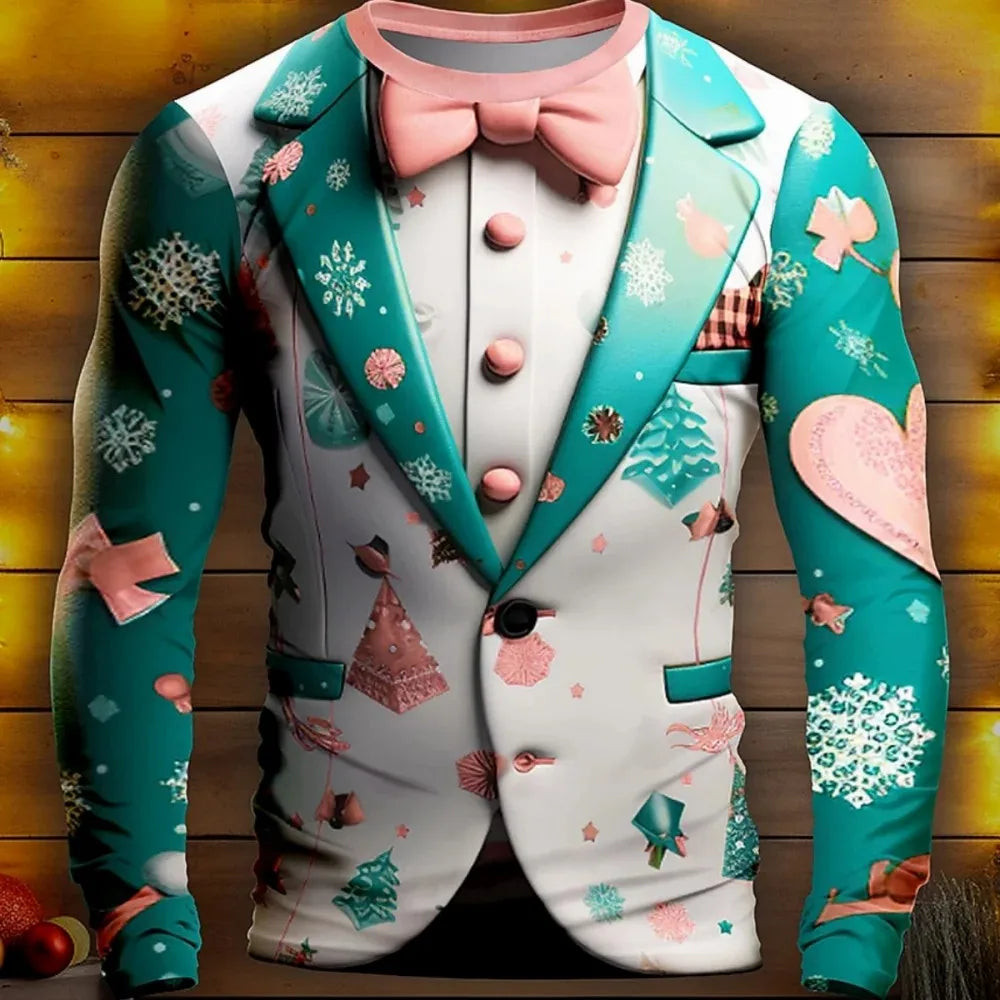 Men's Christmas Seris Long Sleeve T-shirt for Men Clothing  Fake suit Fashion oversized  Harajuku 3D Full Printing Clothing