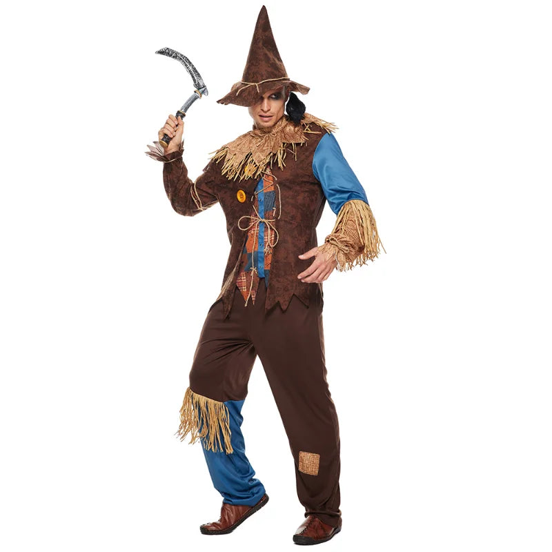 Men's Evil Scarecrow Costume Deluxe Adult Scary Halloween Straw Wizard Suit Carnival Easter Purim Fancy Dress