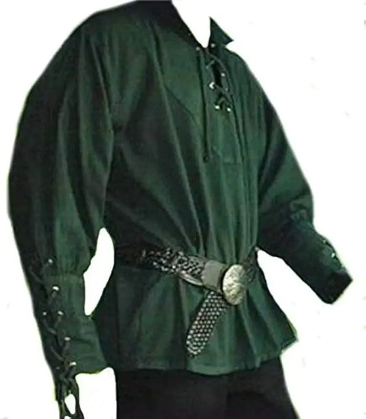 Men's Medieval Pirate Costume-Vintage Bandage Blouse-Mercenary Scottish Wide Cuff Shirt-Long Sleeve Top