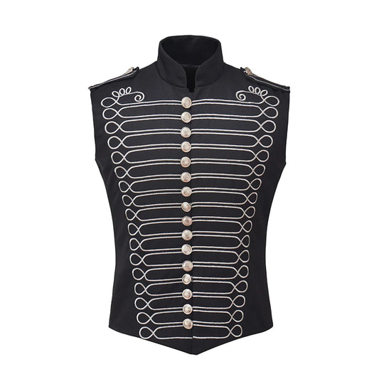 Men's Punk Gothic Military Drummer Sleeveless Parade Jacket Marching Band Black Vest Medieval Carnival Party Cosplay Costume