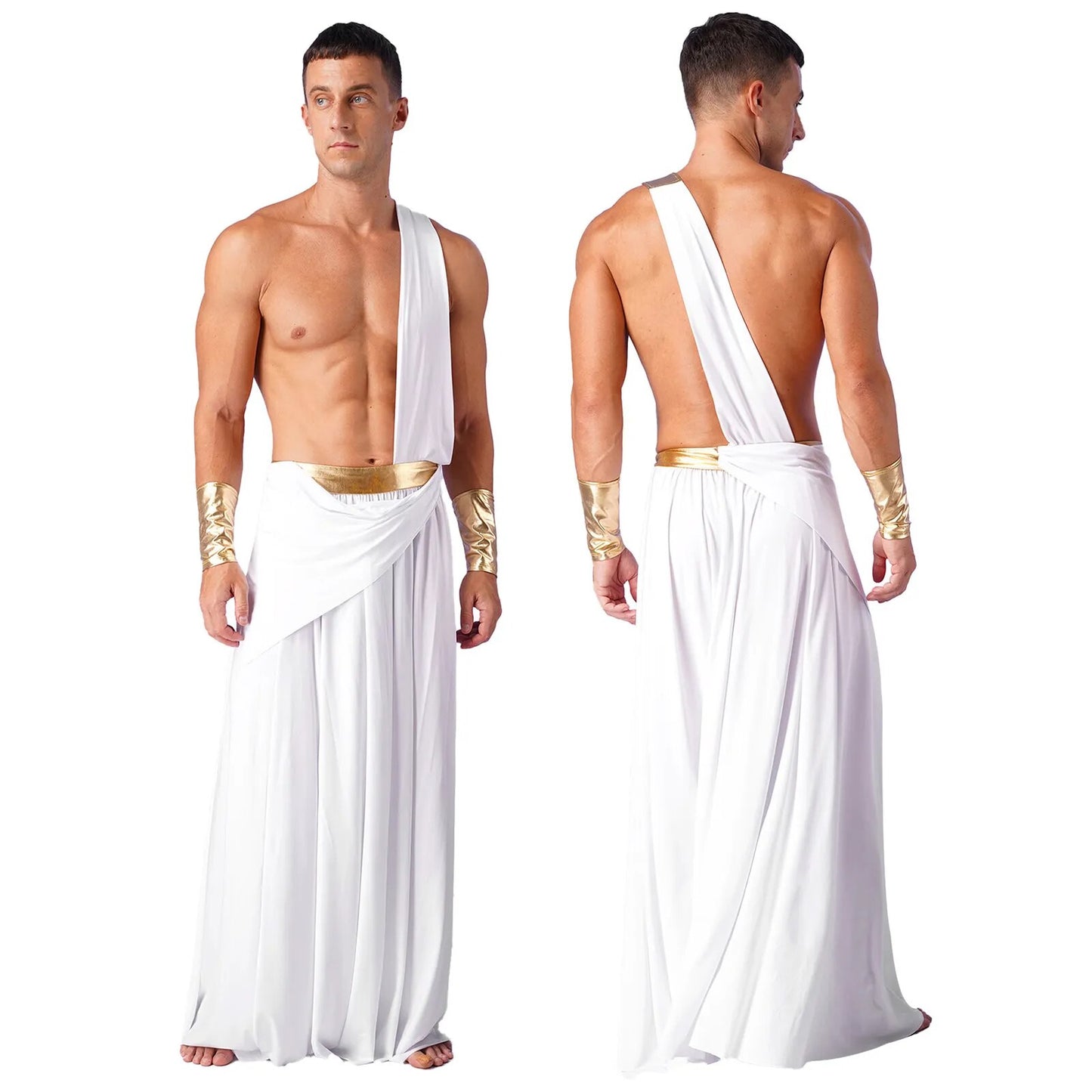 Men Halloween Ancient Greek Cosplay Long Skirt with Wristbands One Shoulder Strap Roman Toga Greek Warrior Costumes