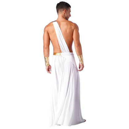 Men Halloween Ancient Greek Cosplay Long Skirt with Wristbands One Shoulder Strap Roman Toga Greek Warrior Costumes