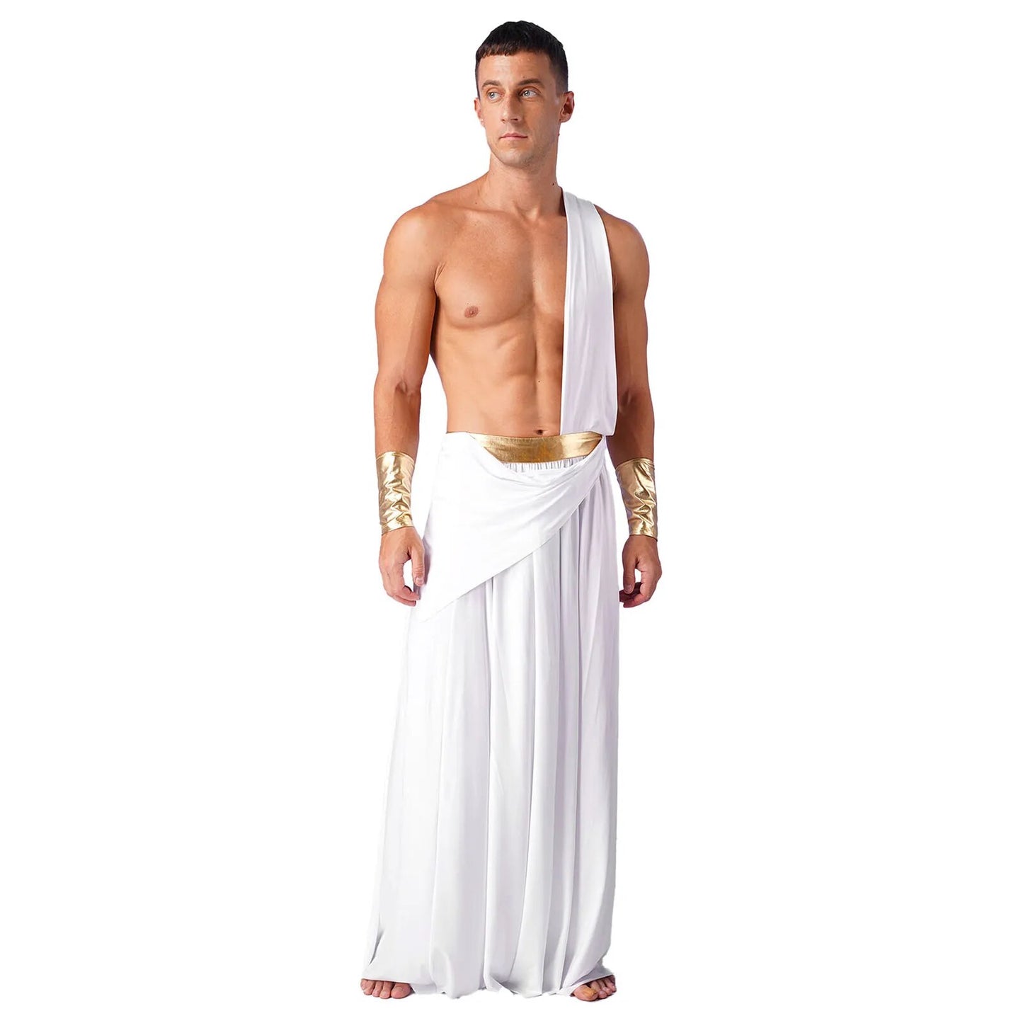 Men Halloween Ancient Greek Cosplay Long Skirt with Wristbands One Shoulder Strap Roman Toga Greek Warrior Costumes