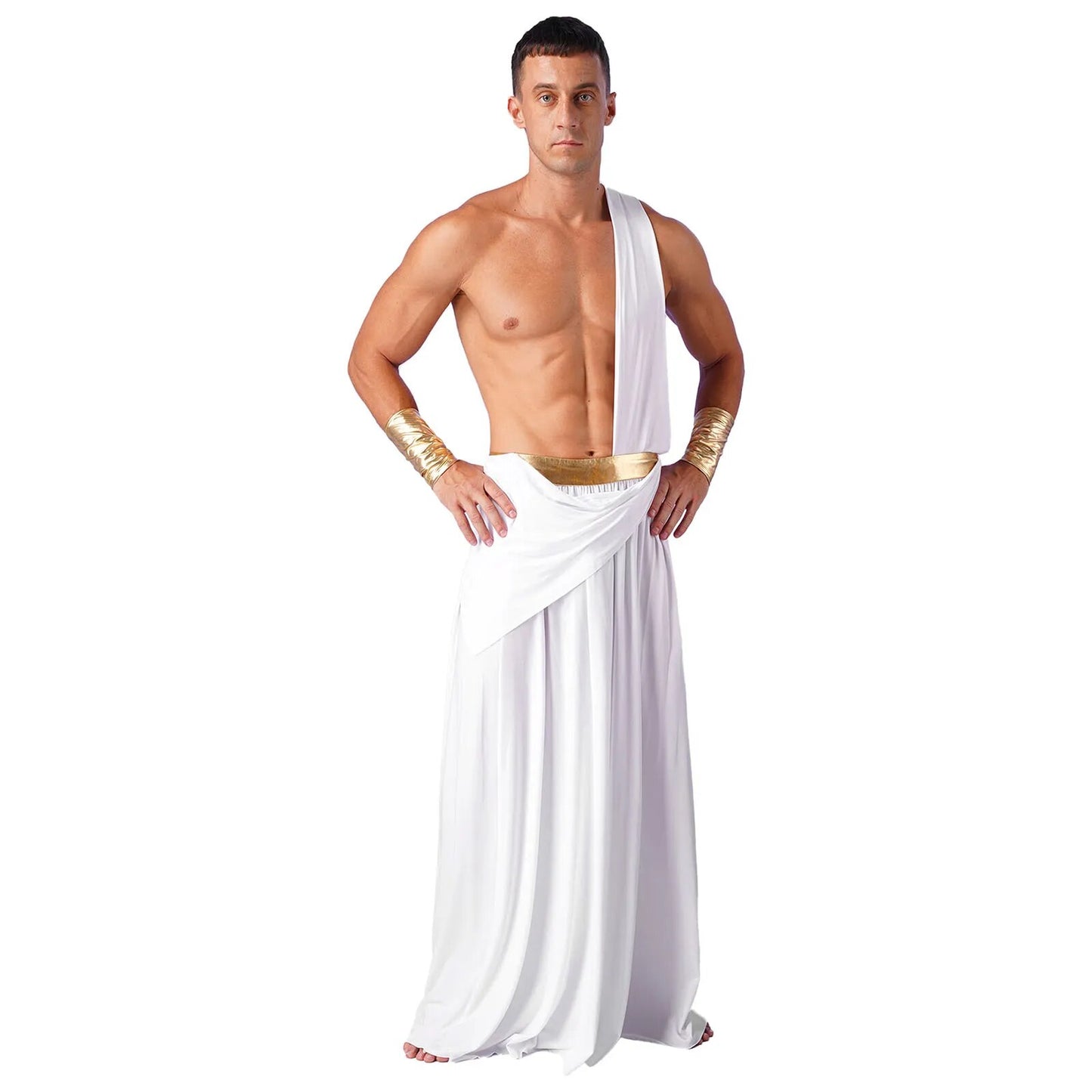 Men Halloween Ancient Greek Cosplay Long Skirt with Wristbands One Shoulder Strap Roman Toga Greek Warrior Costumes