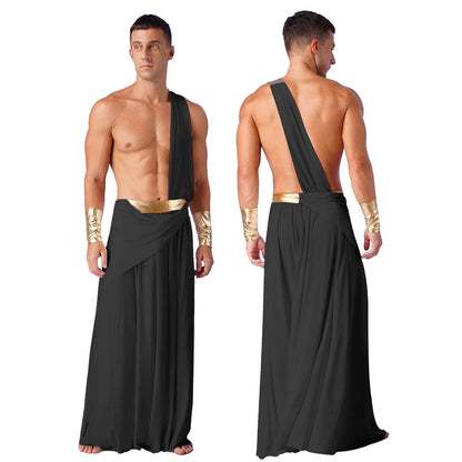 Men Halloween Ancient Greek Cosplay Long Skirt with Wristbands One Shoulder Strap Roman Toga Greek Warrior Costumes