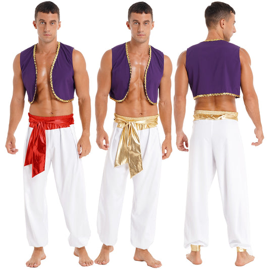 Men Halloween Costume Mythical Prince Aladin Carnival Carnival Cosplay Party Outfit  Sequin Trim Waistcoat with Belted Pants