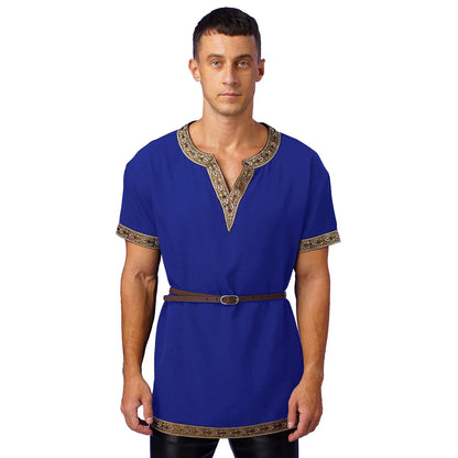 Mens Medieval Renaissance Viking Tunic Tops Halloween Party Roman Knight Cosplay Costumes Short Sleeve Retro Shirt Top with Belt