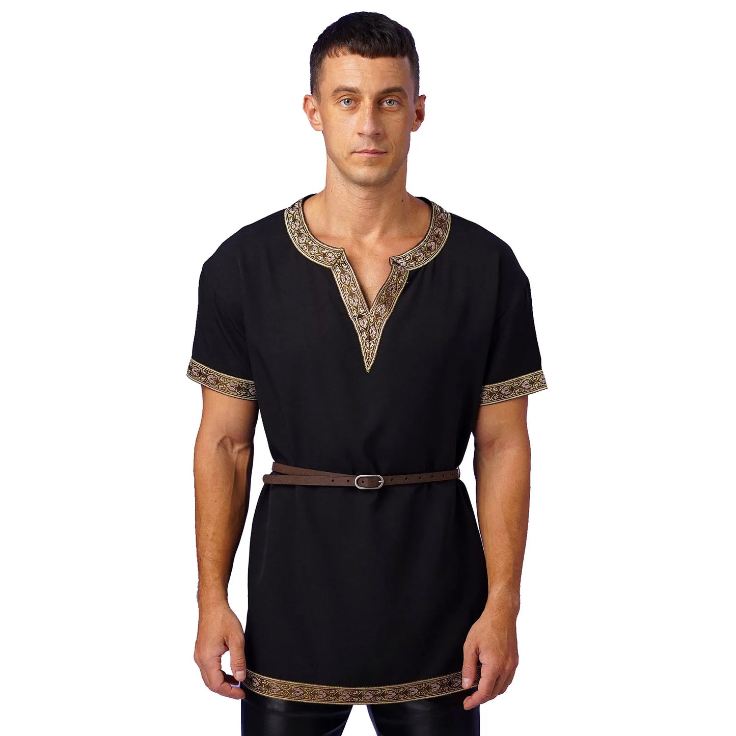 Mens Medieval Renaissance Viking Tunic Tops Halloween Party Roman Knight Cosplay Costumes Short Sleeve Retro Shirt Top with Belt