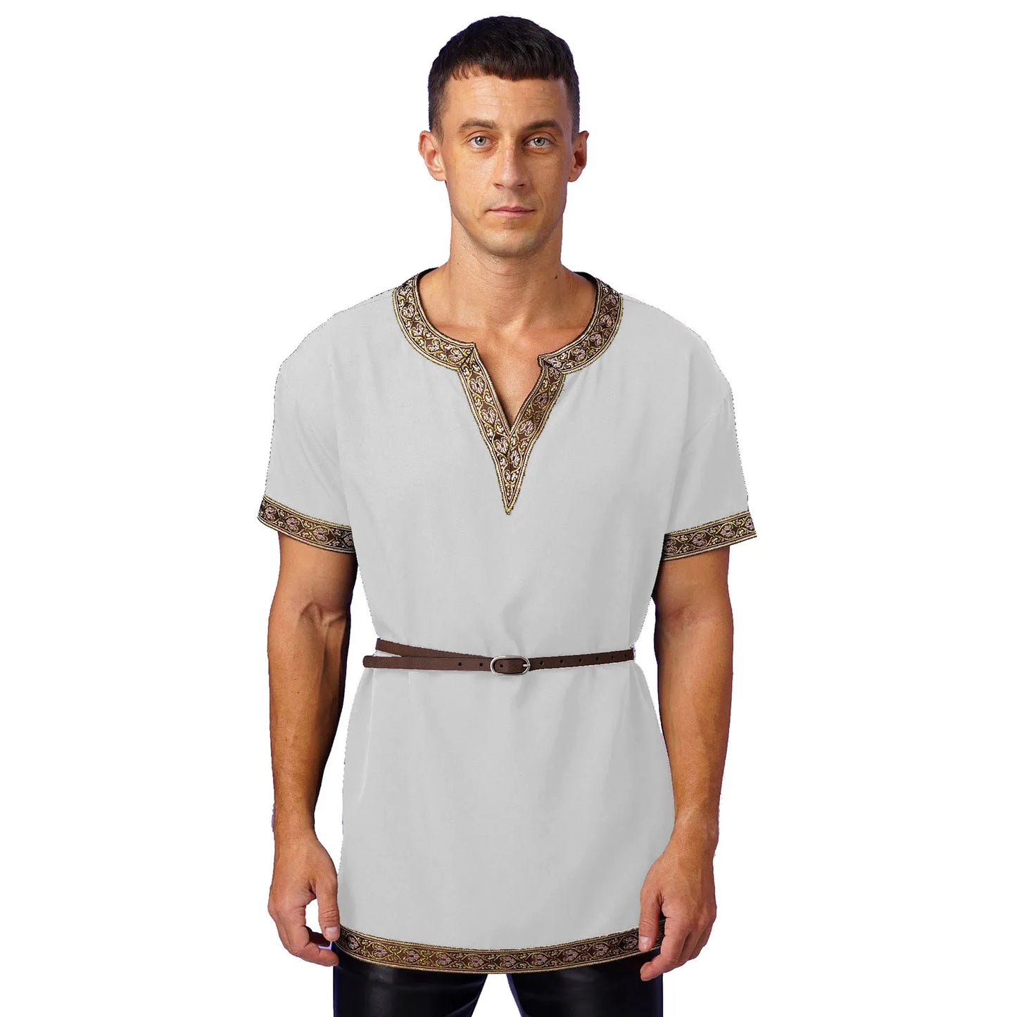 Mens Medieval Renaissance Viking Tunic Tops Halloween Party Roman Knight Cosplay Costumes Short Sleeve Retro Shirt Top with Belt