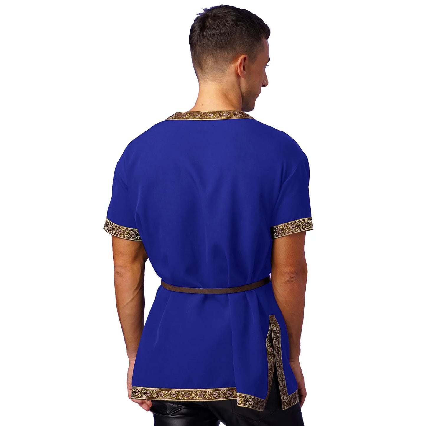 Mens Medieval Renaissance Viking Tunic Tops Halloween Party Roman Knight Cosplay Costumes Short Sleeve Retro Shirt Top with Belt