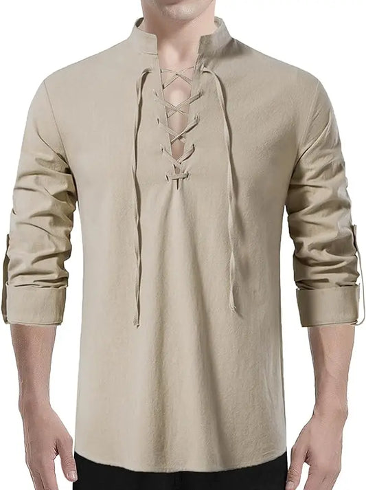 Mens Renaissance Shirt Long Sleeve Medieval Retro Lace Up Shirt Men Linen Pirate Costume