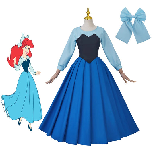 Mermaid Cosplay Ariel Blue Dress with Bowknot Headwear for Women Elegant Princess Ball Gown Halloween Carnival Party Costume