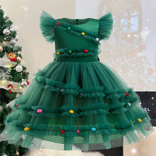 Merry Christmas Girls Dress Cute Christmas Tree Mesh Fashion Xmas Girls Princess Dress Party Costumes 2-10 Years Kids Clothes