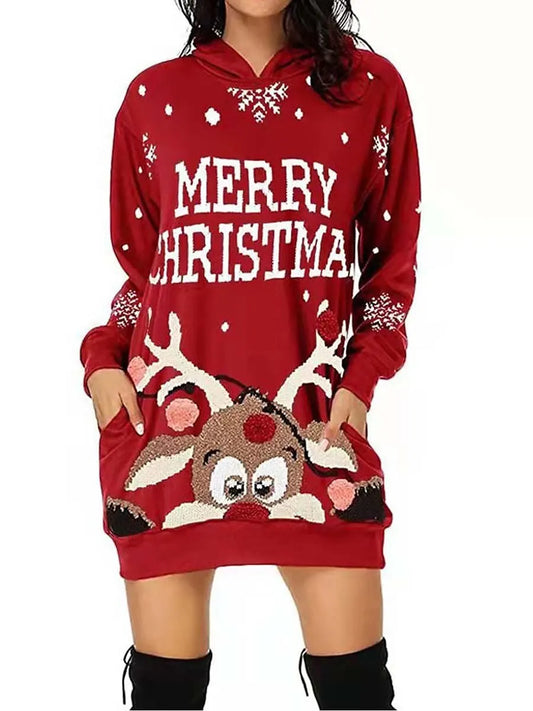 Merry Christmas Sweatershirt Dress Autumn Women's Hoodie Xmas Party Ladies Clothes Funny Pattern Carnival Round Neck Sweater New