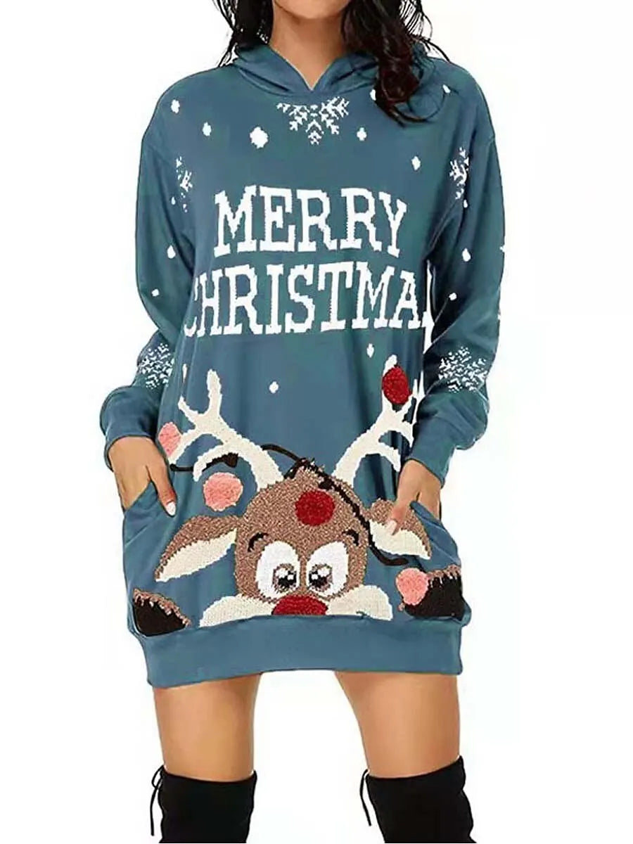 Merry Christmas Sweatershirt Dress Autumn Women's Hoodie Xmas Party Ladies Clothes Funny Pattern Carnival Round Neck Sweater New