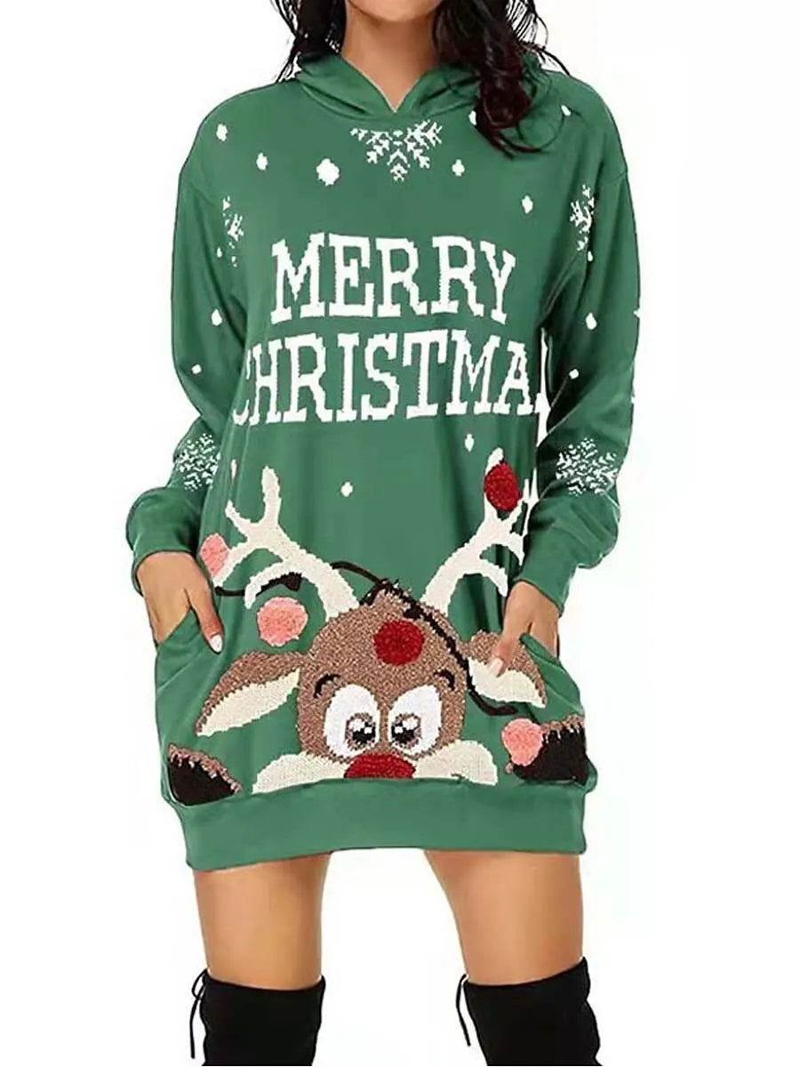 Merry Christmas Sweatershirt Dress Autumn Women's Hoodie Xmas Party Ladies Clothes Funny Pattern Carnival Round Neck Sweater New