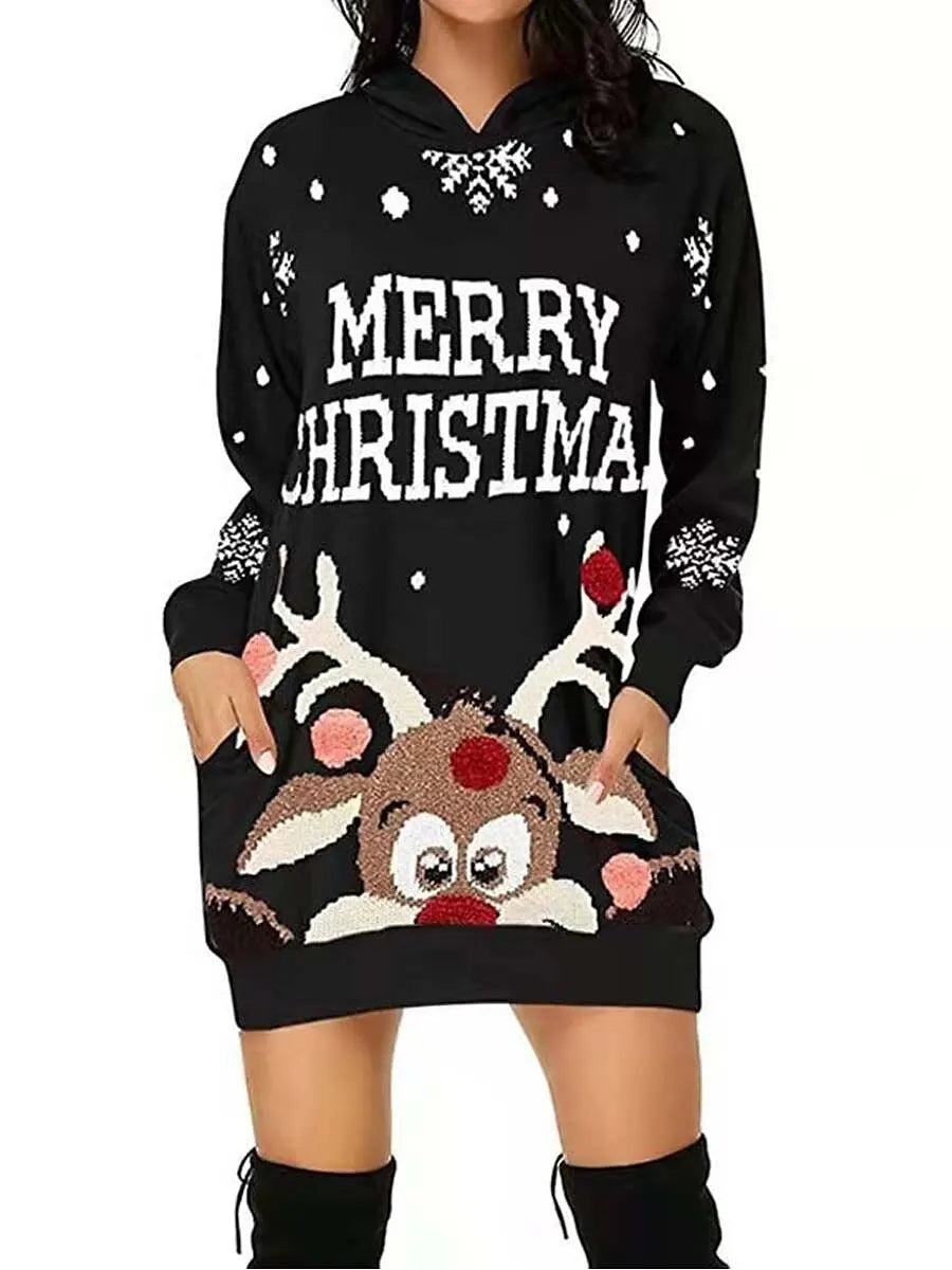 Merry Christmas Sweatershirt Dress Autumn Women's Hoodie Xmas Party Ladies Clothes Funny Pattern Carnival Round Neck Sweater New