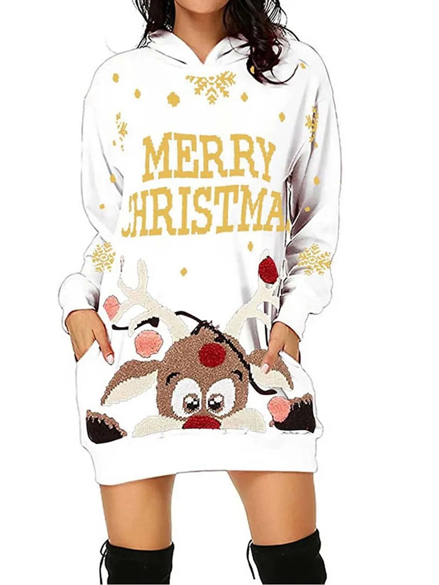 Merry Christmas Sweatershirt Dress Autumn Women's Hoodie Xmas Party Ladies Clothes Funny Pattern Carnival Round Neck Sweater New