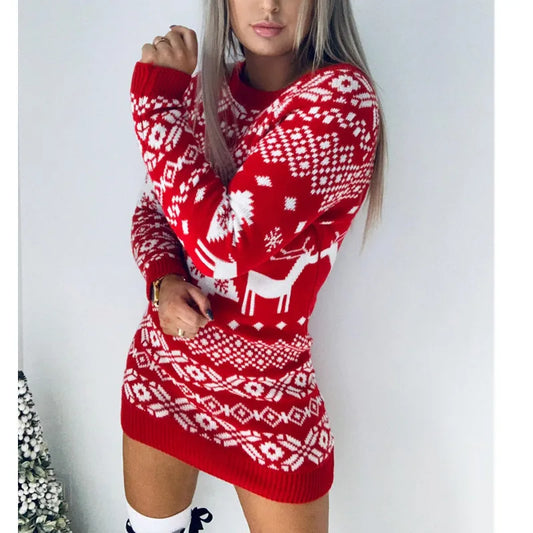 Merry Christmas Women's Sweater Dress Warm Thicken Knit Dresses Casual Slim Long Sleeve O-Neck Pullover Jumper Xmas Party Wear