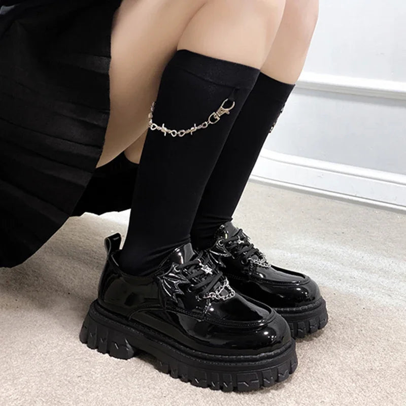 Metal Chain Platform Shoes Women Lolita Gothic Wing Design Shoes for Women College Style Leather Pumps Women School Uniform Shoe