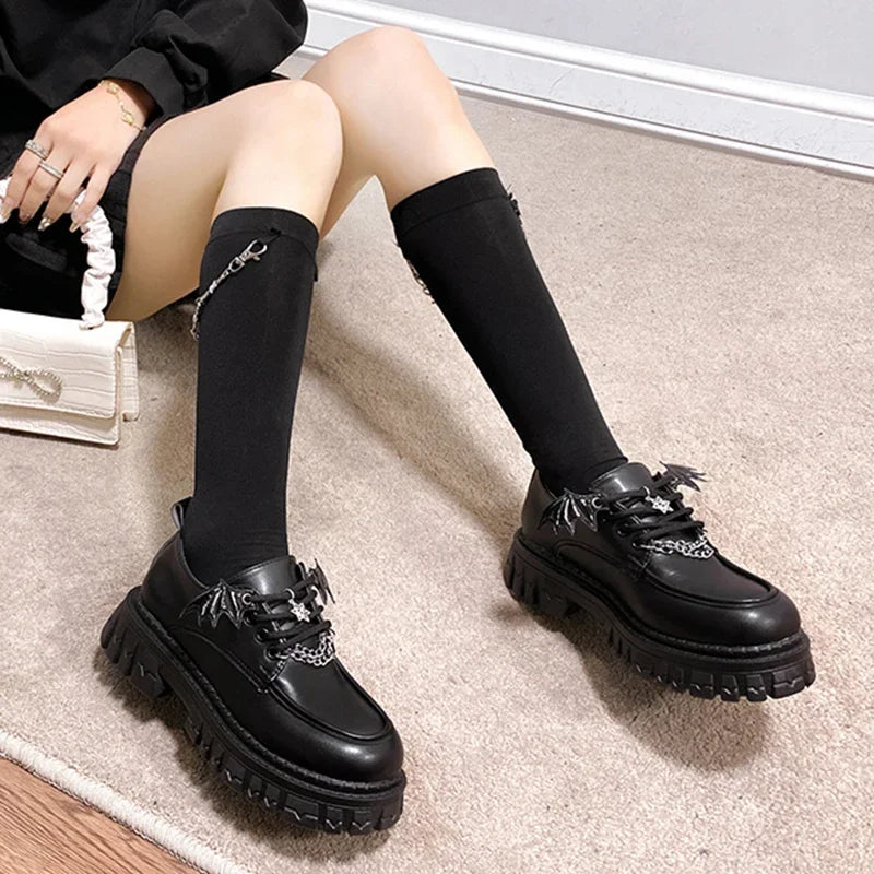 Metal Chain Platform Shoes Women Lolita Gothic Wing Design Shoes for Women College Style Leather Pumps Women School Uniform Shoe