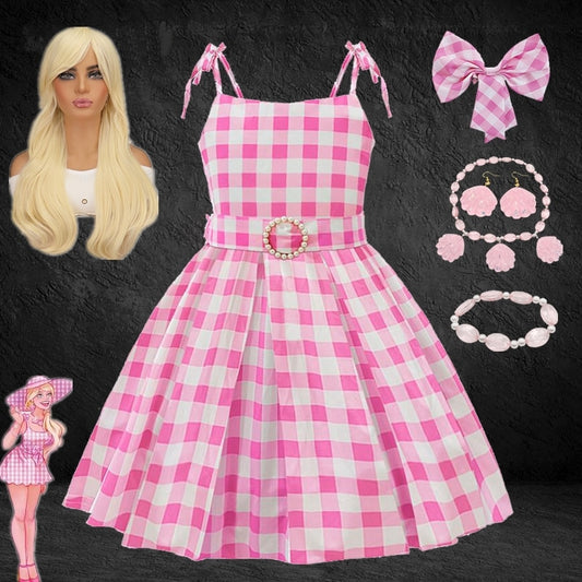 Movie Berbie Costume for Girls Pink Plaid Barbi Cosplay Kids Princess Dress Birthday Halloween Carnival Party Vestidos 3-10 Yrs