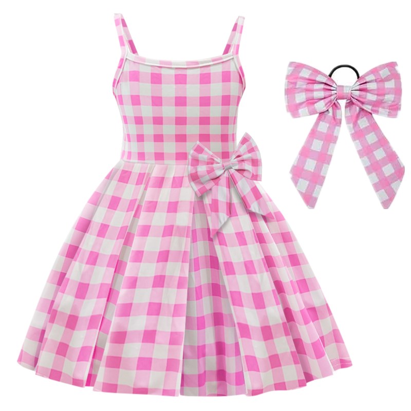 Costume for Girls Pink Plaid Barbi Cosplay Kids Princess Dress Birthday Halloween Carnival Party Vestidos 3-10 Yrs