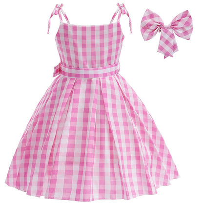 Costume for Girls Pink Plaid Barbi Cosplay Kids Princess Dress Birthday Halloween Carnival Party Vestidos 3-10 Yrs