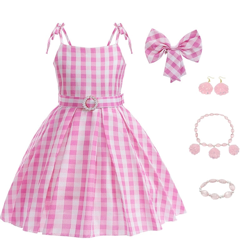 Costume for Girls Pink Plaid Barbi Cosplay Kids Princess Dress Birthday Halloween Carnival Party Vestidos 3-10 Yrs