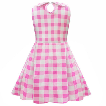 Costume for Girls Pink Plaid Barbi Cosplay Kids Princess Dress Birthday Halloween Carnival Party Vestidos 3-10 Yrs