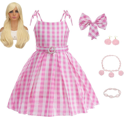 Costume for Girls Pink Plaid Barbi Cosplay Kids Princess Dress Birthday Halloween Carnival Party Vestidos 3-10 Yrs