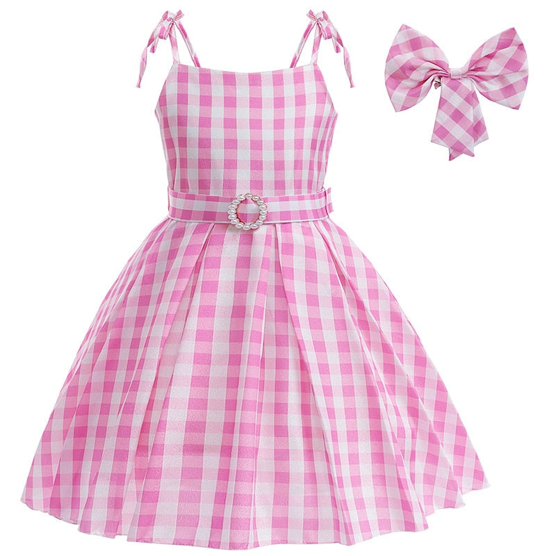 Costume for Girls Pink Plaid Barbi Cosplay Kids Princess Dress Birthday Halloween Carnival Party Vestidos 3-10 Yrs