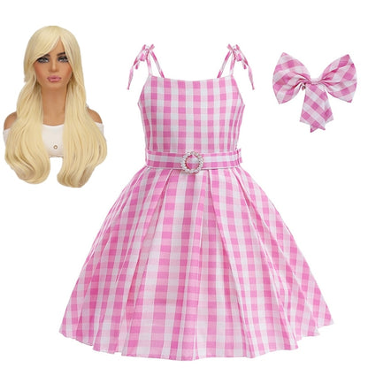 Costume for Girls Pink Plaid Barbi Cosplay Kids Princess Dress Birthday Halloween Carnival Party Vestidos 3-10 Yrs