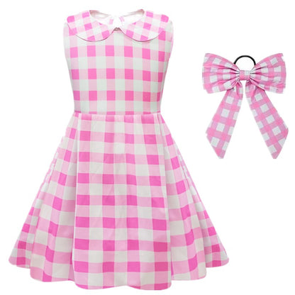 Costume for Girls Pink Plaid Barbi Cosplay Kids Princess Dress Birthday Halloween Carnival Party Vestidos 3-10 Yrs