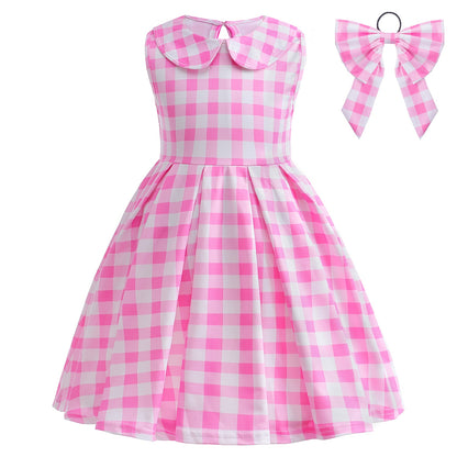 Costume for Girls Pink Plaid Barbi Cosplay Kids Princess Dress Birthday Halloween Carnival Party Vestidos 3-10 Yrs