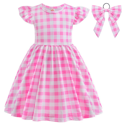 Costume for Girls Pink Plaid Barbi Cosplay Kids Princess Dress Birthday Halloween Carnival Party Vestidos 3-10 Yrs