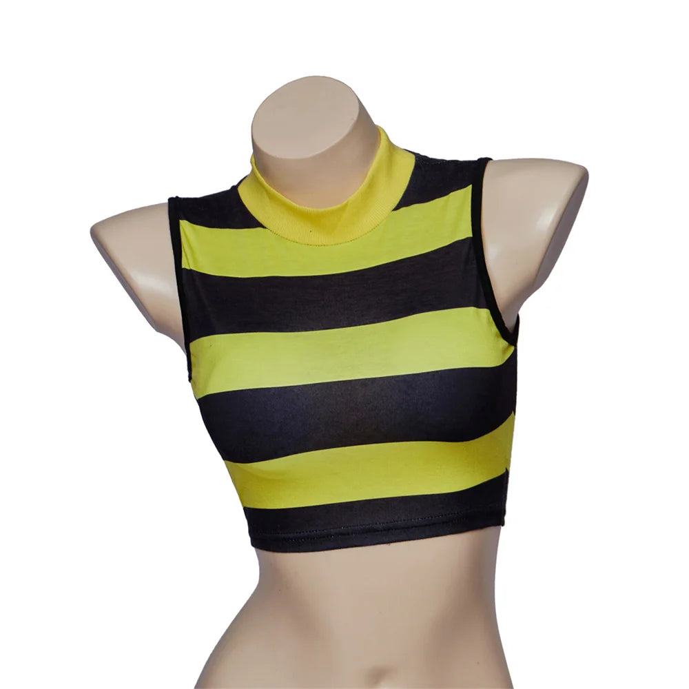 Movie Character Yellow Black Stripe Crop Top Women Girls Sexy Round Neck Sleeveless Vest Halloween Carnival Party Cosplay Tanks