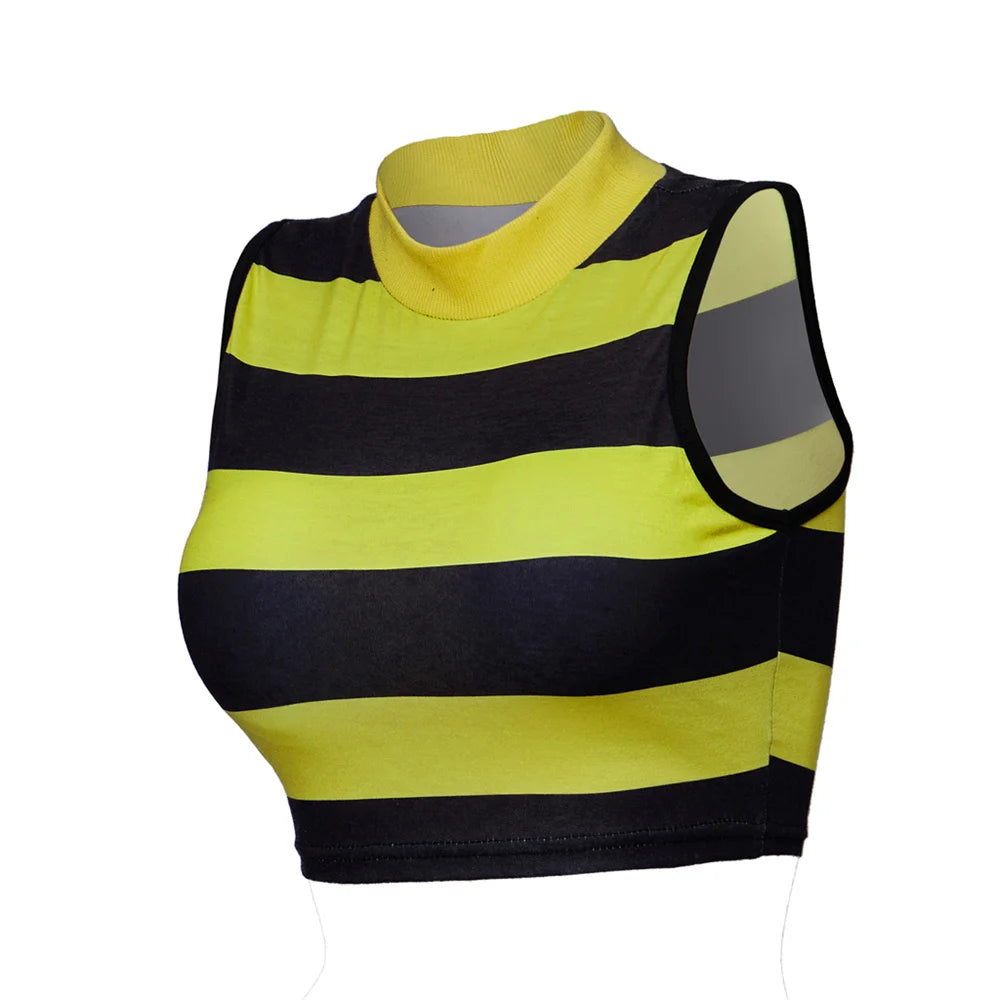 Movie Character Yellow Black Stripe Crop Top Women Girls Sexy Round Neck Sleeveless Vest Halloween Carnival Party Cosplay Tanks