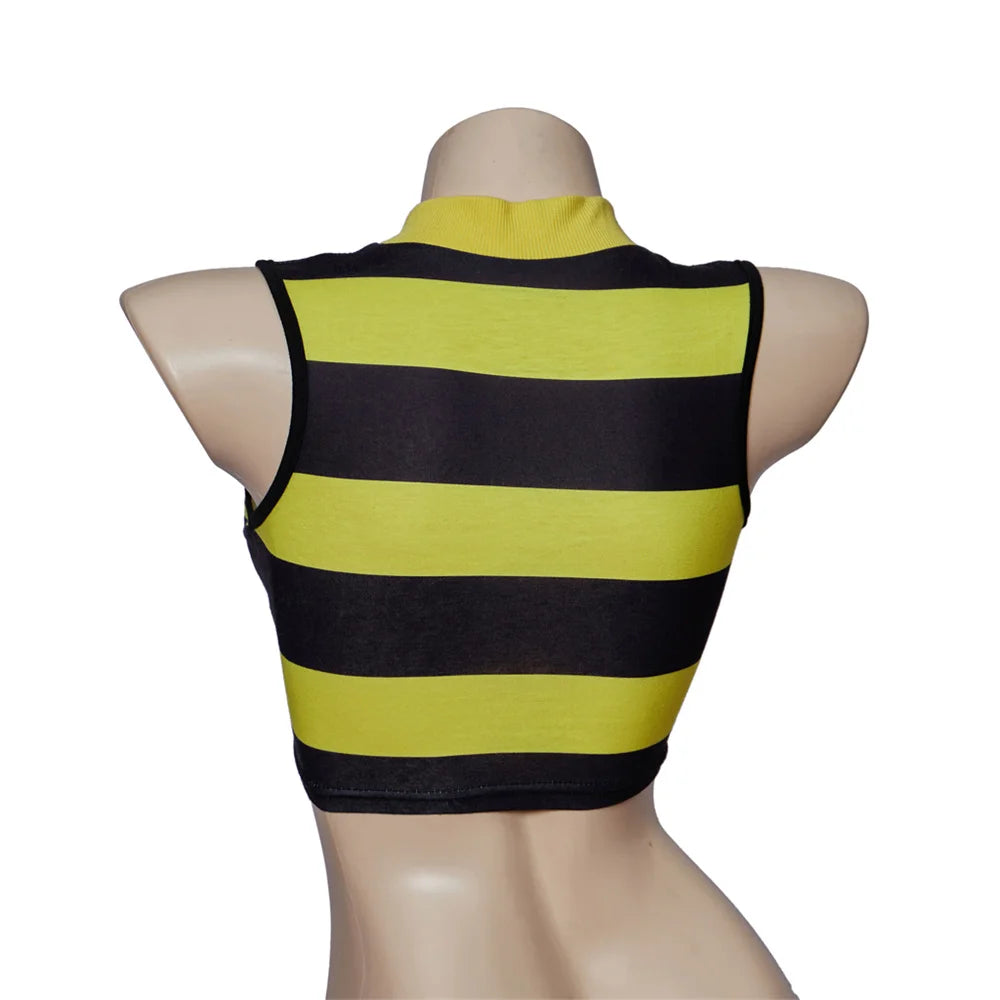 Movie Character Yellow Black Stripe Crop Top Women Girls Sexy Round Neck Sleeveless Vest Halloween Carnival Party Cosplay Tanks