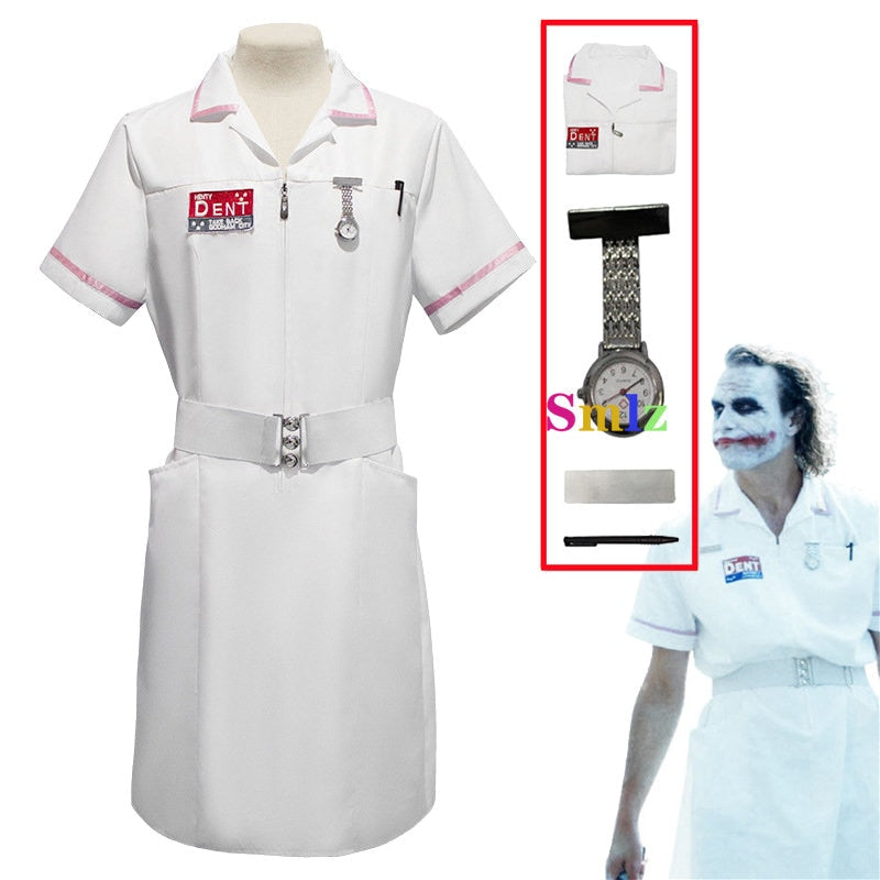 Movie Joker Cosplay Jack Nurse Costume Uniform Cosplay Scary Bat Joker Dress Pocket Watch Pen Halloween Cos Set