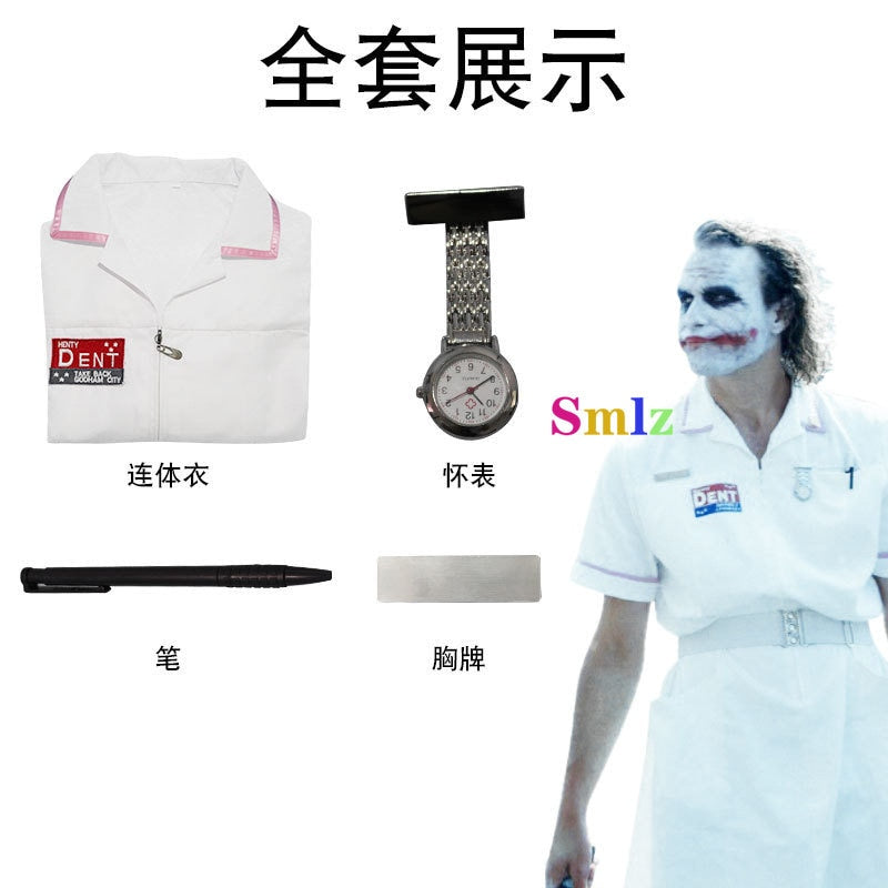 Movie Joker Cosplay Jack Nurse Costume Uniform Cosplay Scary Bat Joker Dress Pocket Watch Pen Halloween Cos Set