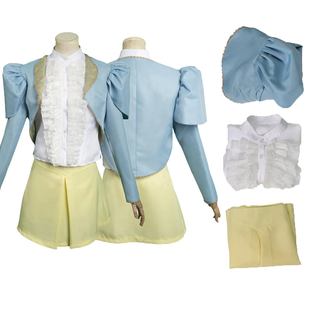 Bella Baxter Cosplay Costume Blue Jacket and Yellow Skirt Outfit for Adults Girls Roleplay Halloween Carnival