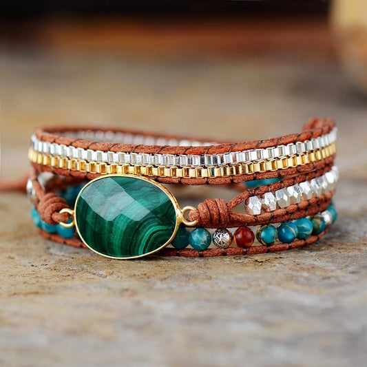 Multi Strands Malachite Leather Wrap Bracelets W/ Natural Stone Chain Beaded Bracelet Teengirls Bohemian Jewelry