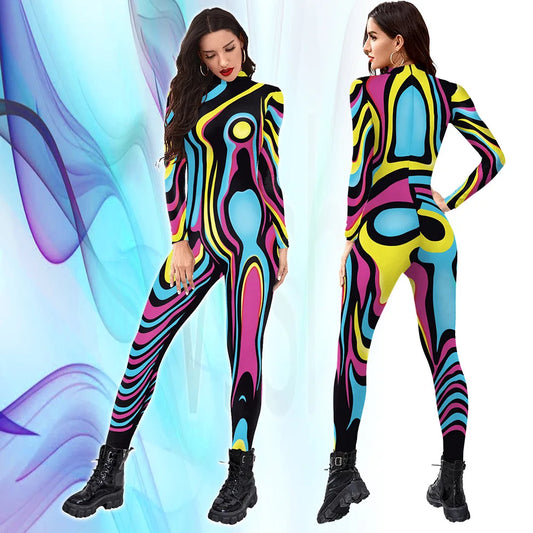 Multicolor Abstract Print Women Jumpsuit Catsuit Bodysuit for Holiday Party and Cosplay