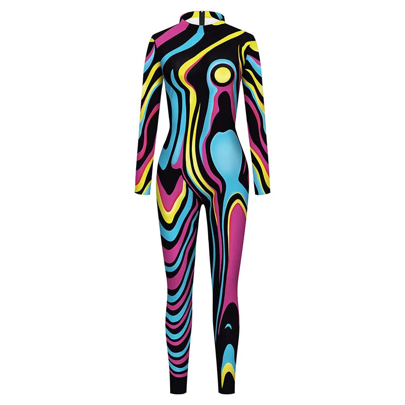 Multicolor Abstract Print Women Jumpsuit Catsuit Bodysuit for Holiday Party and Cosplay