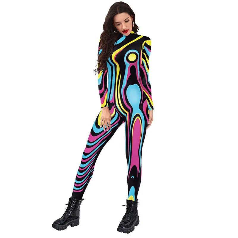 Multicolor Abstract Print Women Jumpsuit Catsuit Bodysuit for Holiday Party and Cosplay