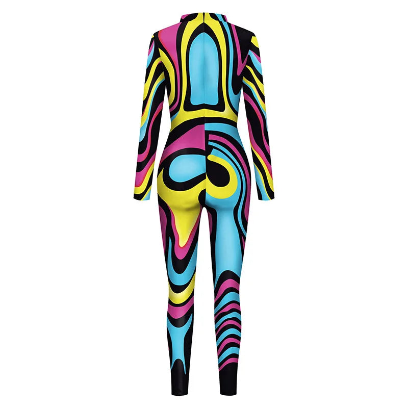 Multicolor Abstract Print Women Jumpsuit Catsuit Bodysuit for Holiday Party and Cosplay