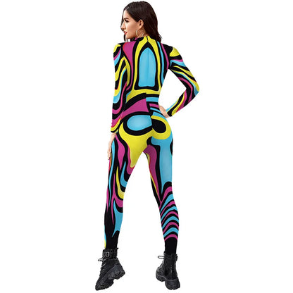 Multicolor Abstract Print Women Jumpsuit Catsuit Bodysuit for Holiday Party and Cosplay