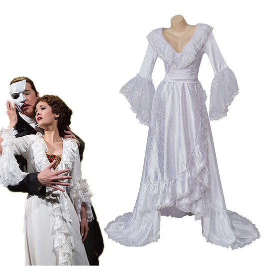 Musical The Phantom of The Opera Cosplay Costume Women Victorian White Maxi Dress Halloween Lace Ruffles Ball Gowns